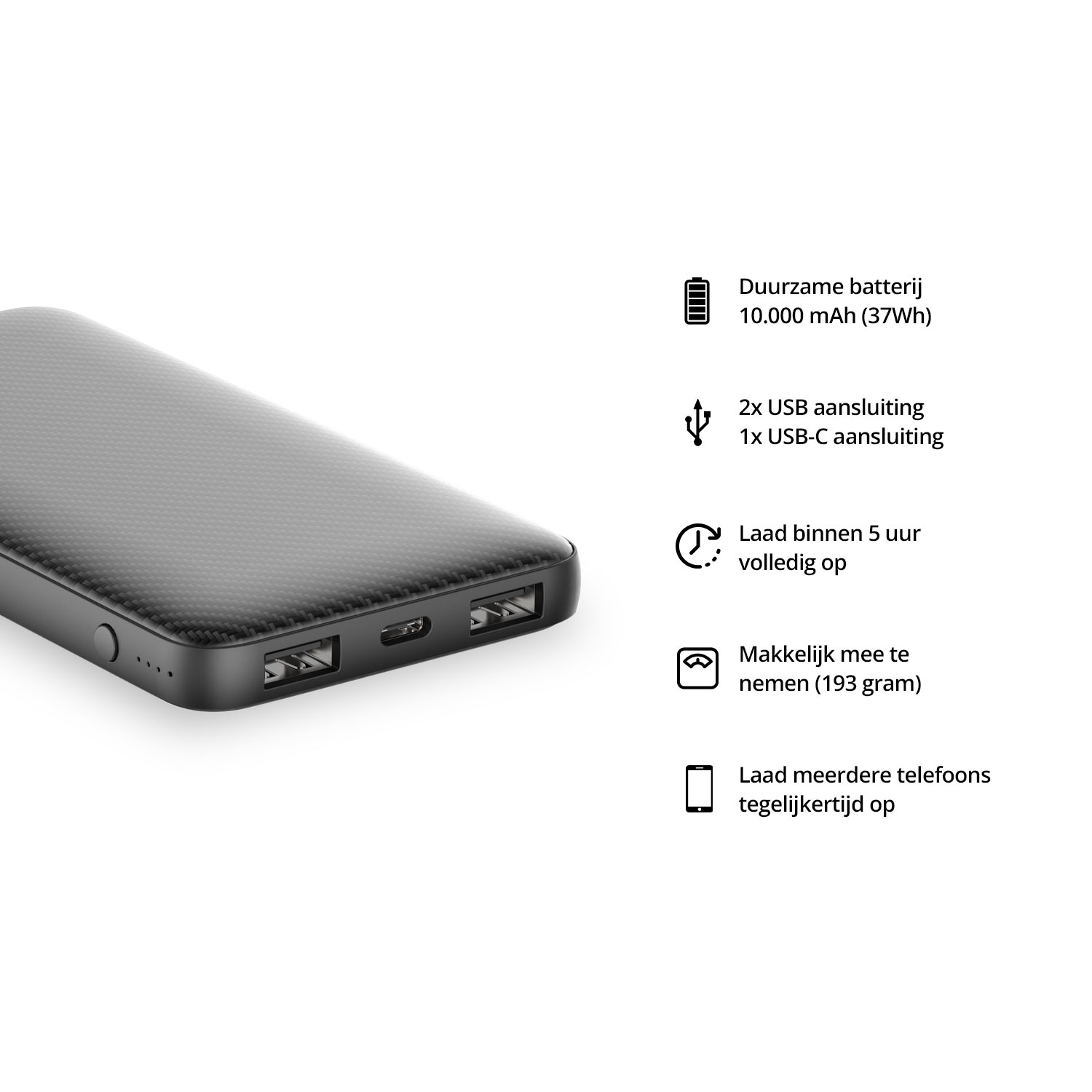 The FlinQ powerbank of 10 000 mAh with 3 usb connections